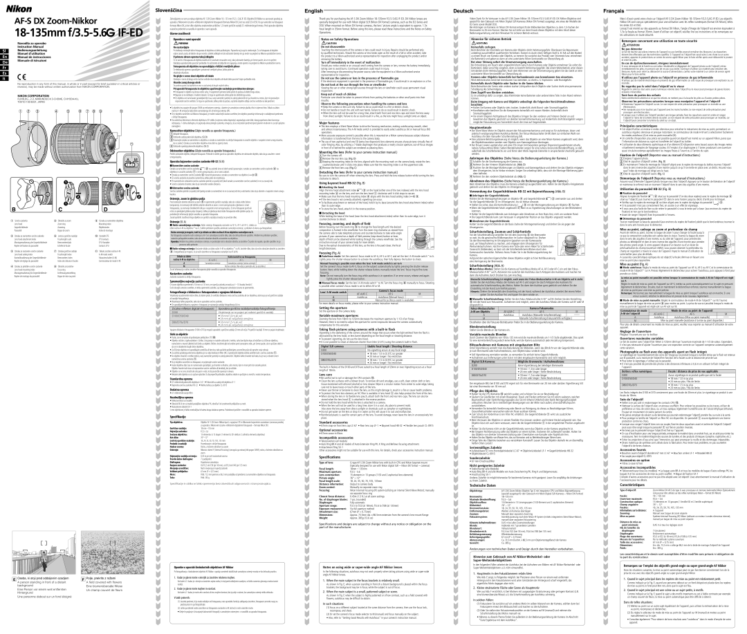 Nikon 85mm f/1.4G specifications English, Deutsch, Français, Specifikacije, Specifications, Technische Daten, Slovenščina 