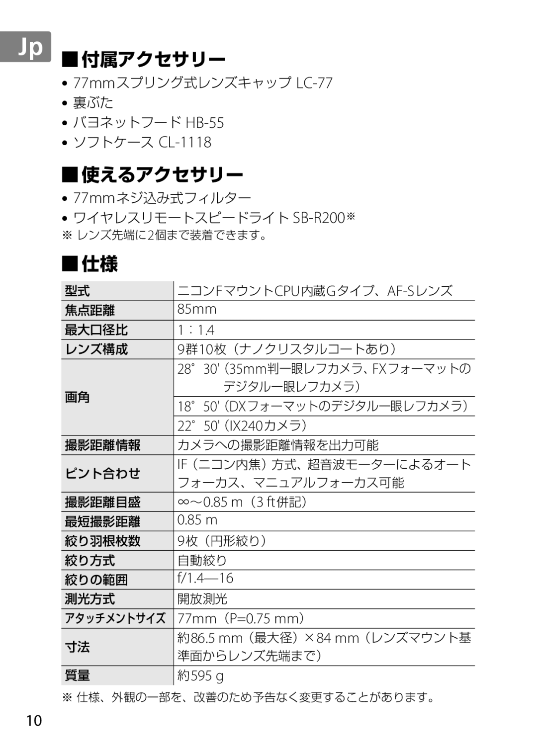 Nikon 85mmf14G, 2195 user manual ：1.4, 2250（IX240カメラ）, ∞～ 0.85 m（3 ft併記）, 4-16, 77mm（P=0.75 mm）, 約595 g 