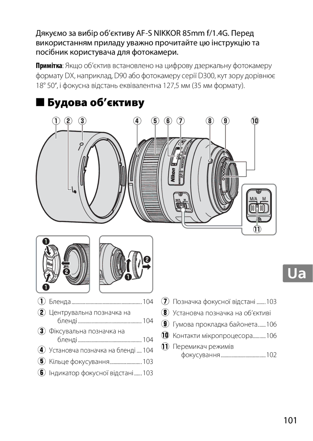 Nikon 2195, 85mmf14G user manual Будова об’єктиву, 101 