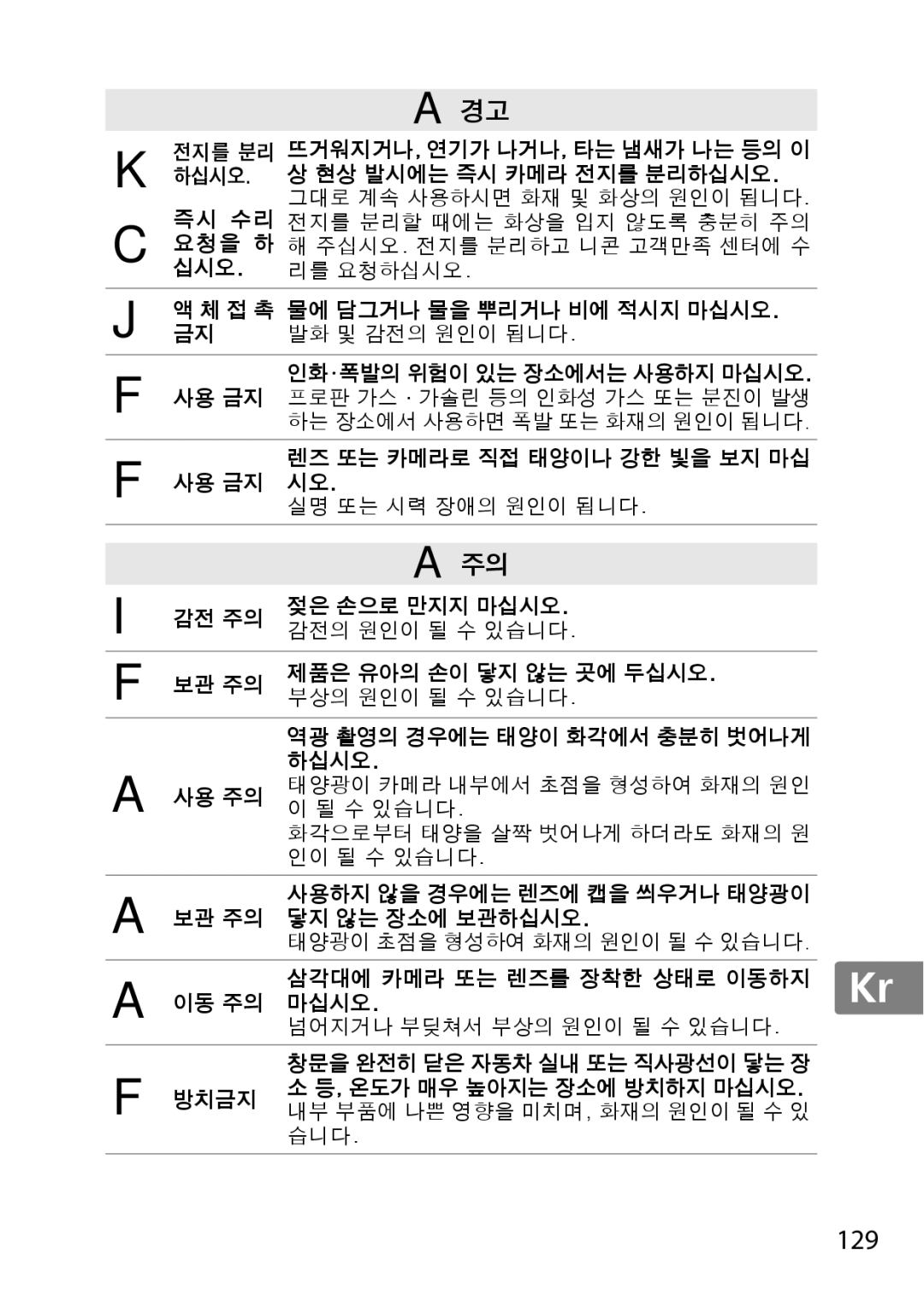 Nikon 2195, 85mmf14G user manual 129, A주의, 사용 금지 렌즈 또는 카메라로 직접 태양이나 강한 빛을 보지 마십 실명 또는 시력 장애의 원인이 됩니다 