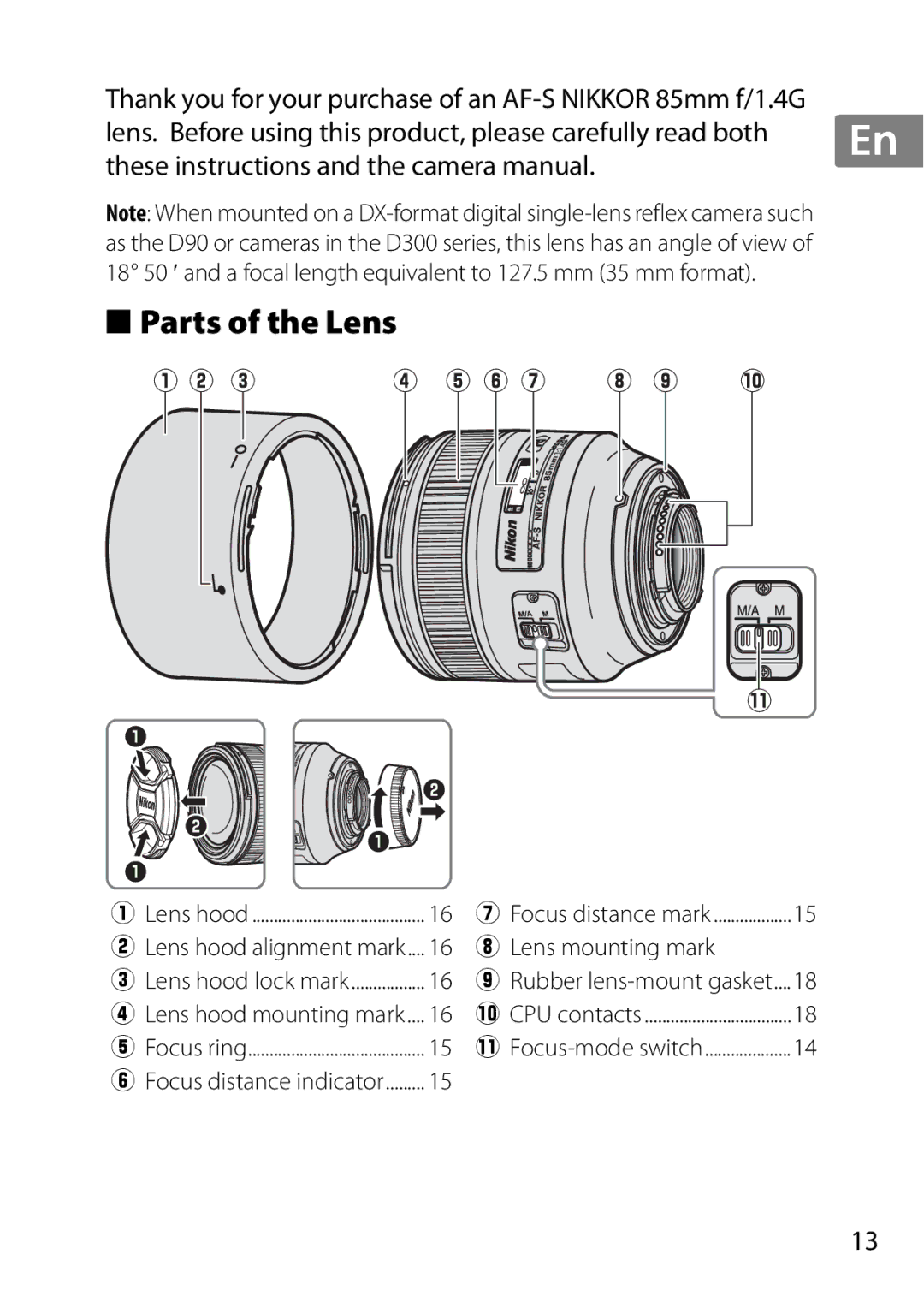 Nikon 2195, 85mmf14G user manual Parts of the Lens, Lens mounting mark, Lens hood alignment mark 