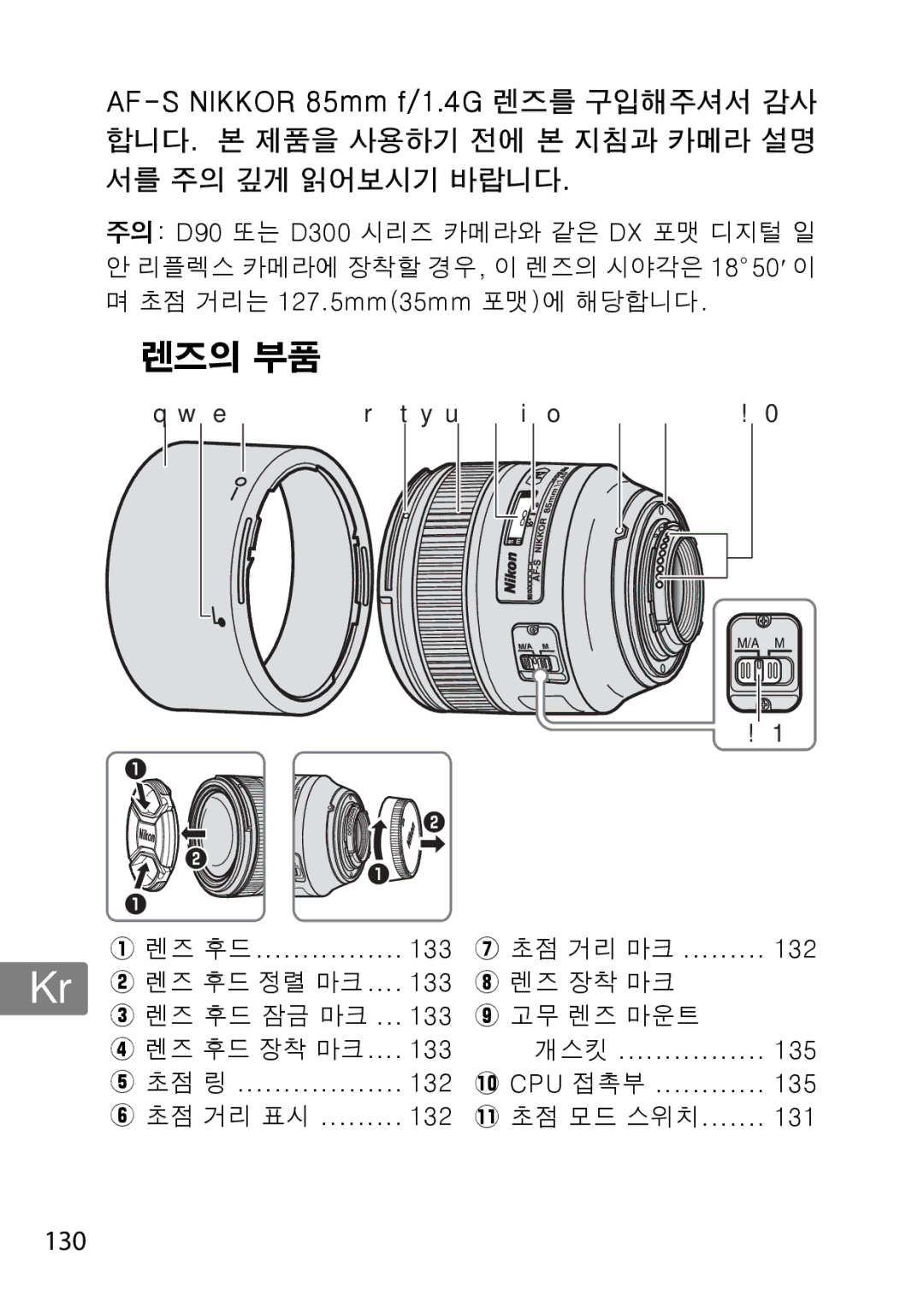 Nikon 85mmf14G, 2195 user manual 렌즈의 부품, 130 