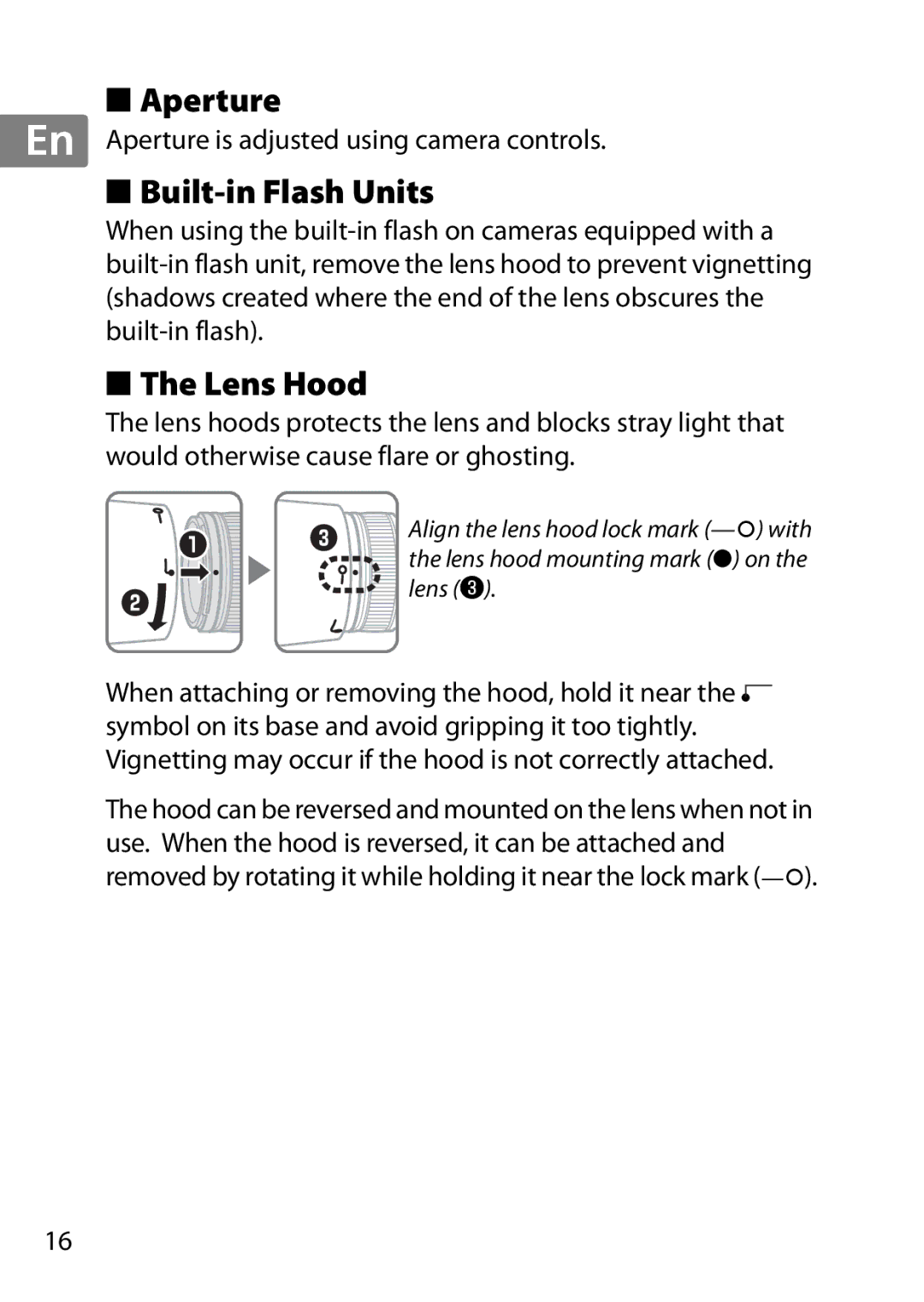 Nikon 85mmf14G, 2195 user manual Built-in Flash Units, Lens Hood, Aperture is adjusted using camera controls 