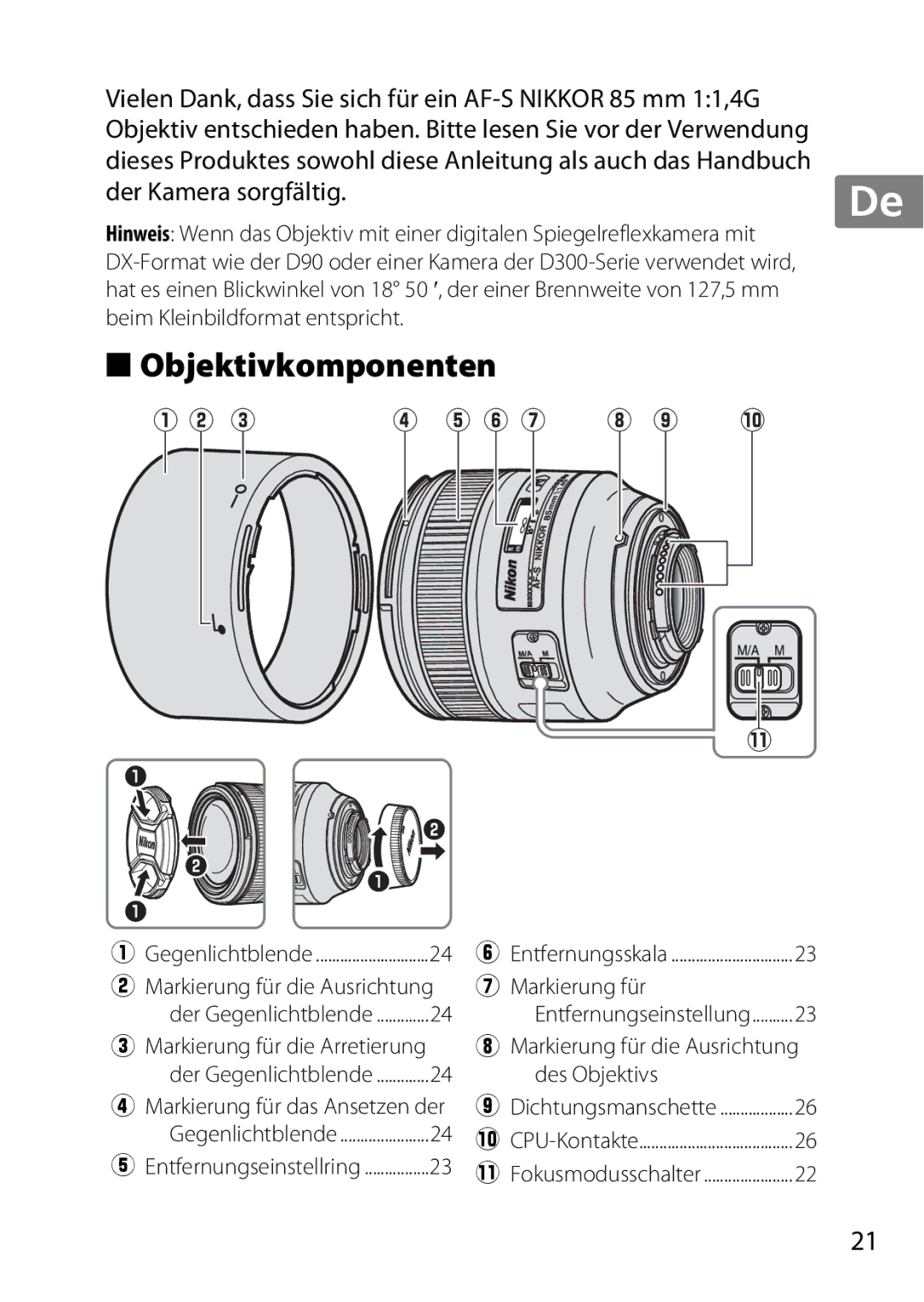 Nikon 2195, 85mmf14G Objektivkomponenten, Markierung für die Ausrichtung, Des Objektivs, Markierung für die Arretierung 