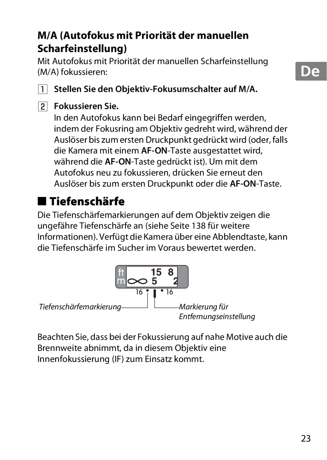 Nikon 2195, 85mmf14G user manual Tiefenschärfe, Autofokus mit Priorität der manuellen Scharfeinstellung 