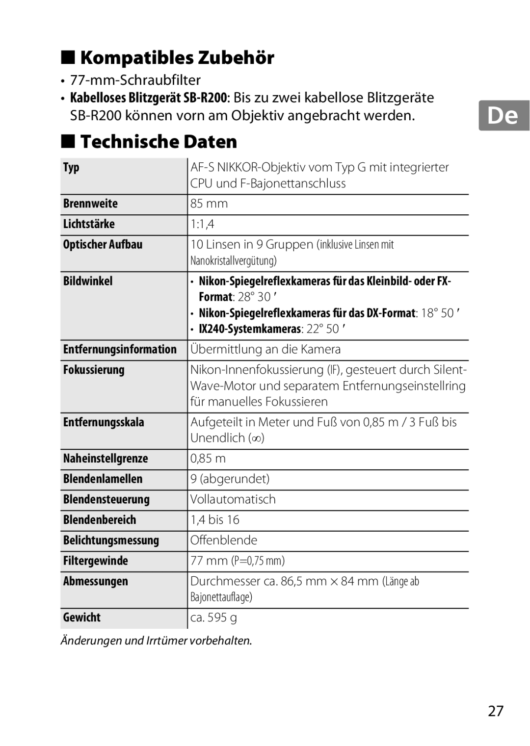 Nikon 2195, 85mmf14G user manual Kompatibles Zubehör, Technische Daten, Mm-Schraubfilter 