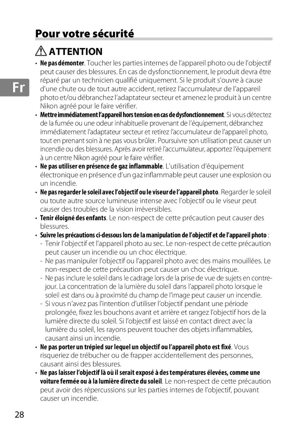 Nikon 85mmf14G, 2195 user manual Pour votre sécurité, Peut causer un incendie ou un choc électrique 