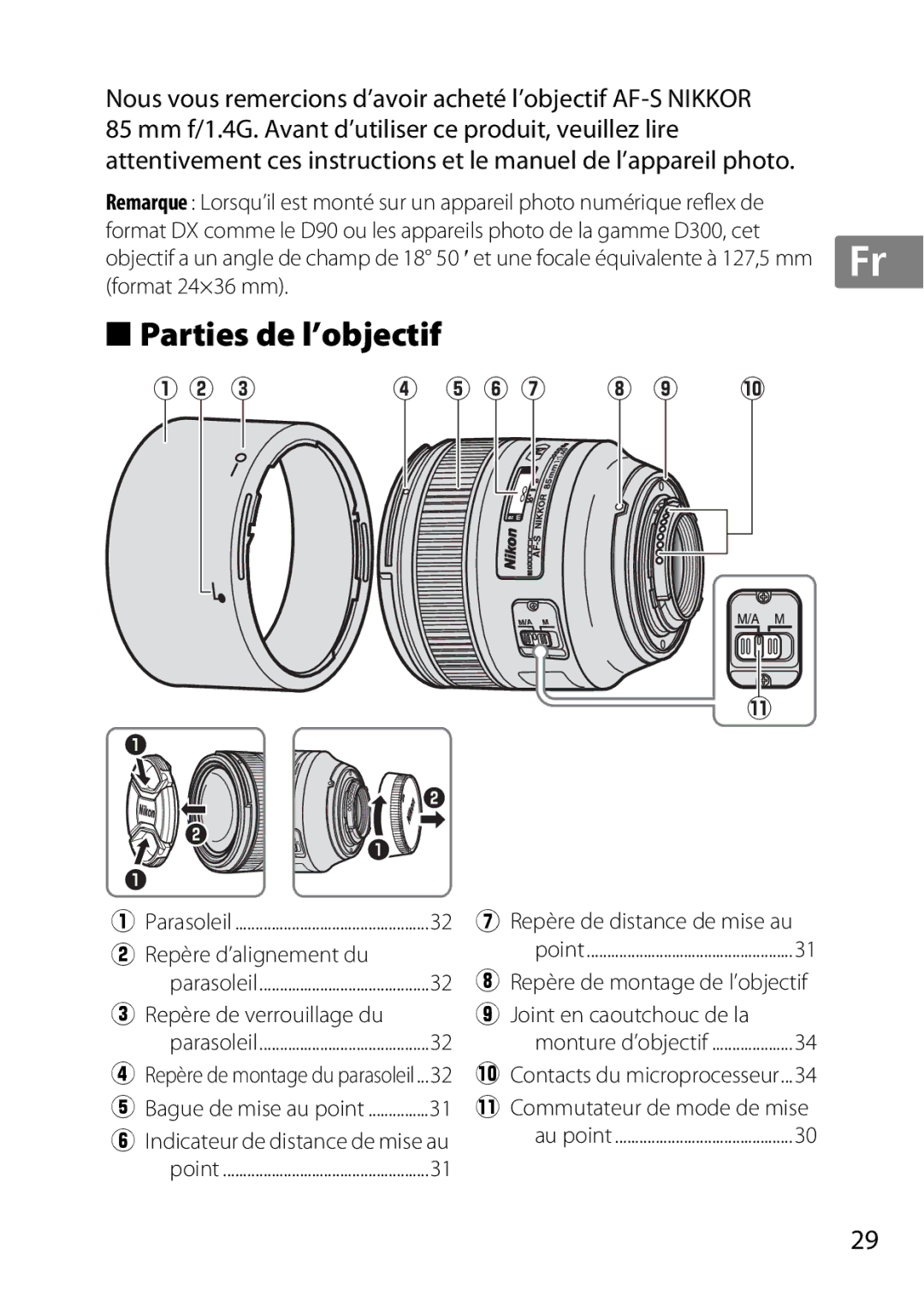 Nikon 2195, 85mmf14G Parties de l’objectif, Repère d’alignement du, Repère de verrouillage du Joint en caoutchouc de la 