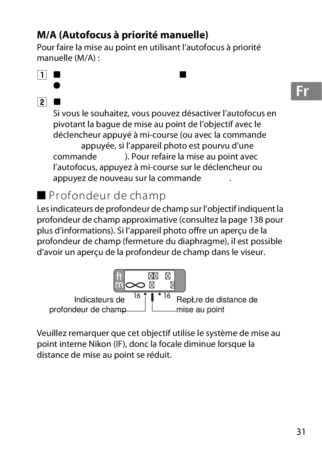 Nikon 2195, 85mmf14G user manual Profondeur de champ, Autofocus à priorité manuelle 