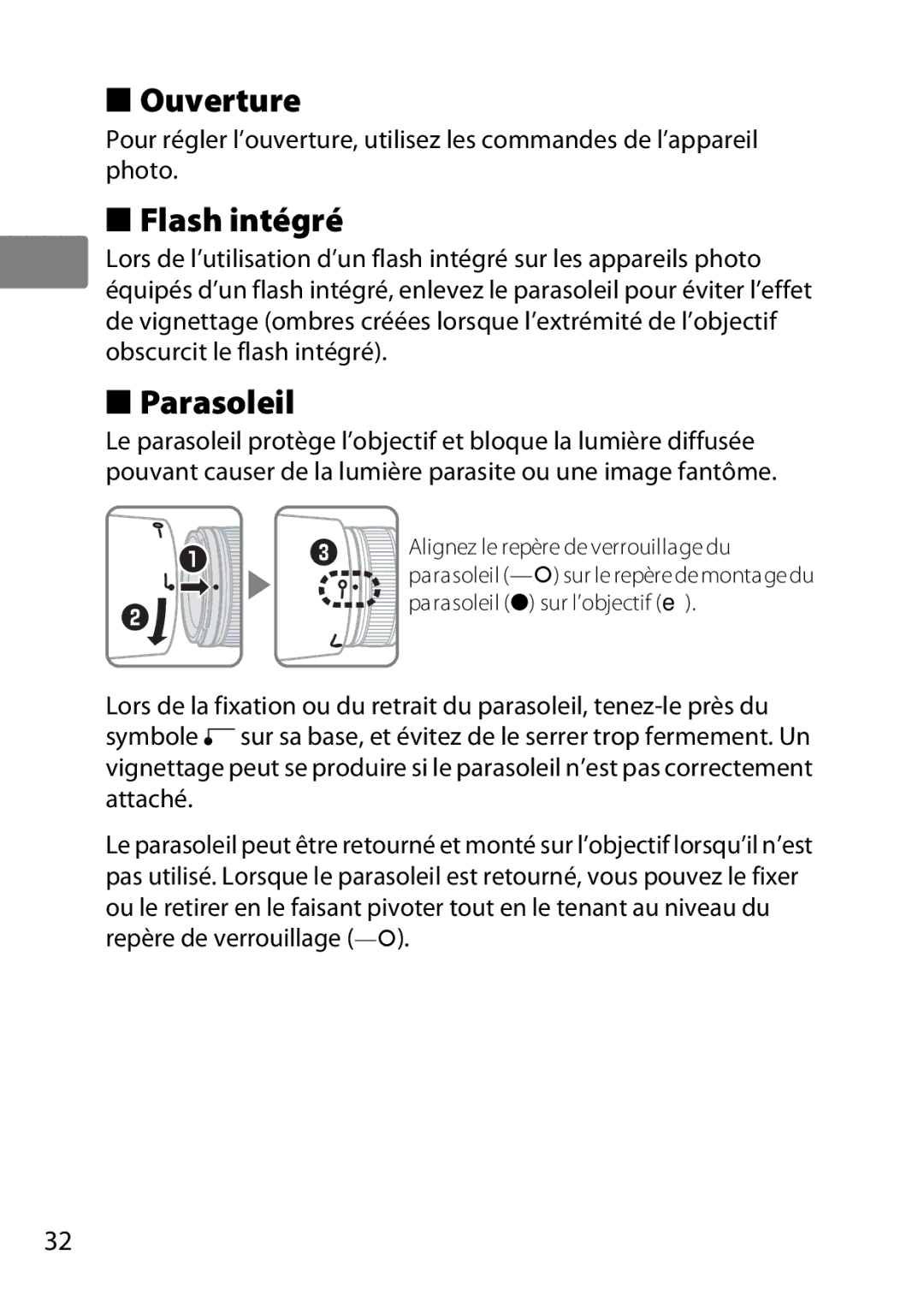 Nikon 85mmf14G, 2195 user manual Ouverture, Flash intégré, Parasoleil 