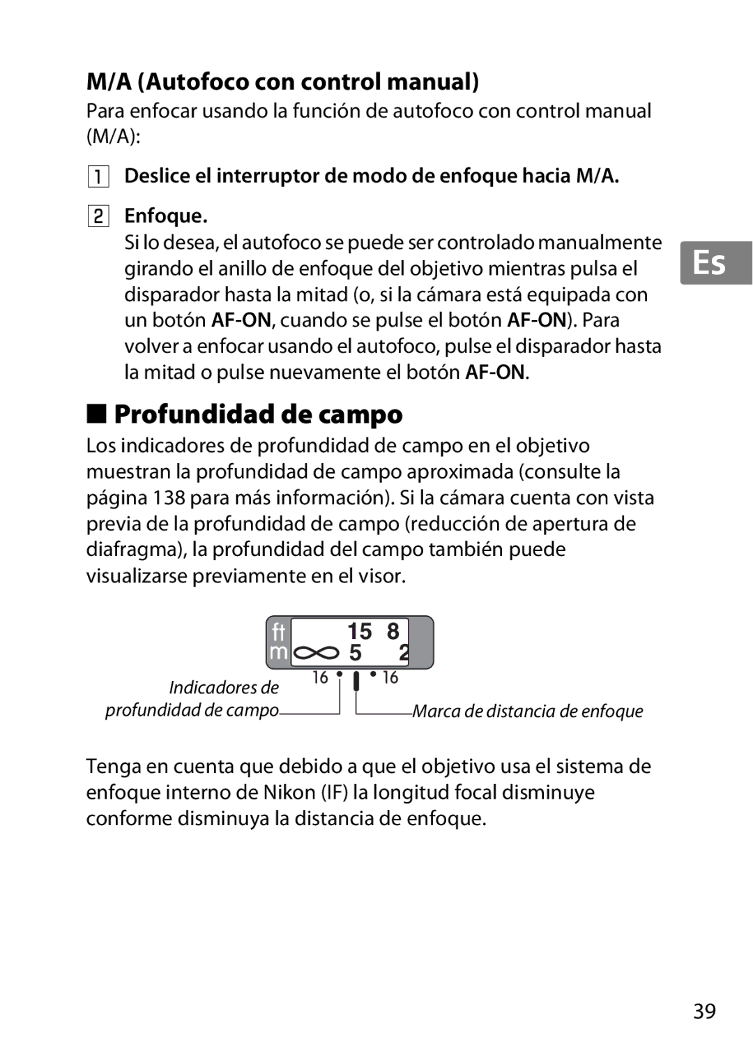 Nikon 2195 Profundidad de campo, Autofoco con control manual, Deslice el interruptor de modo de enfoque hacia M/A Enfoque 