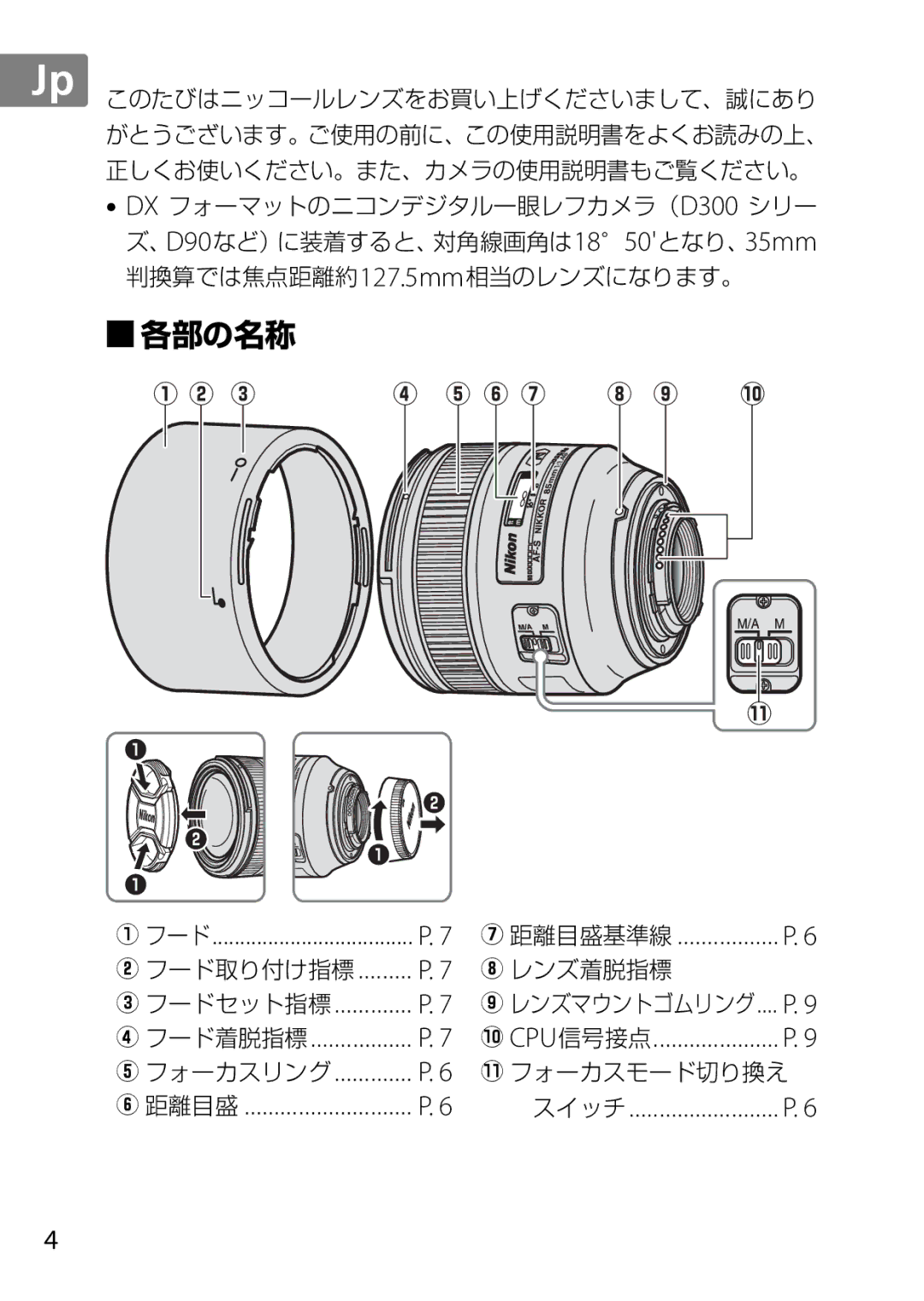 Nikon 85mmf14G, 2195 user manual 距離目盛基準線 フード取り付け指標, フードセット指標 