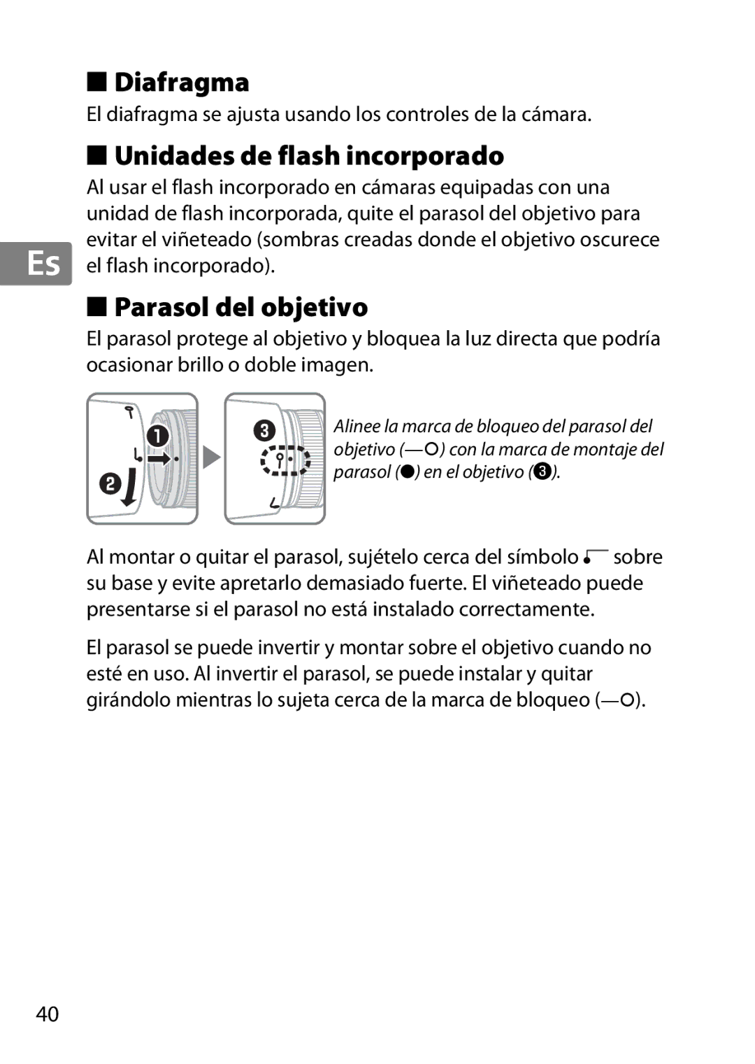 Nikon 85mmf14G, 2195 user manual Diafragma, Unidades de flash incorporado, Parasol del objetivo 