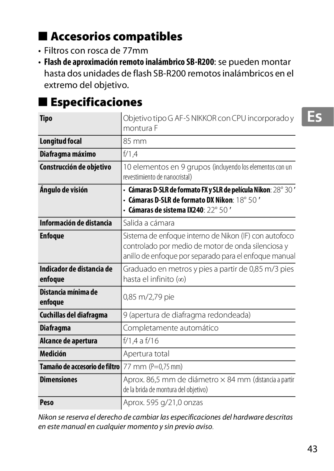 Nikon 2195, 85mmf14G user manual Accesorios compatibles, Especificaciones, Filtros con rosca de 77mm 