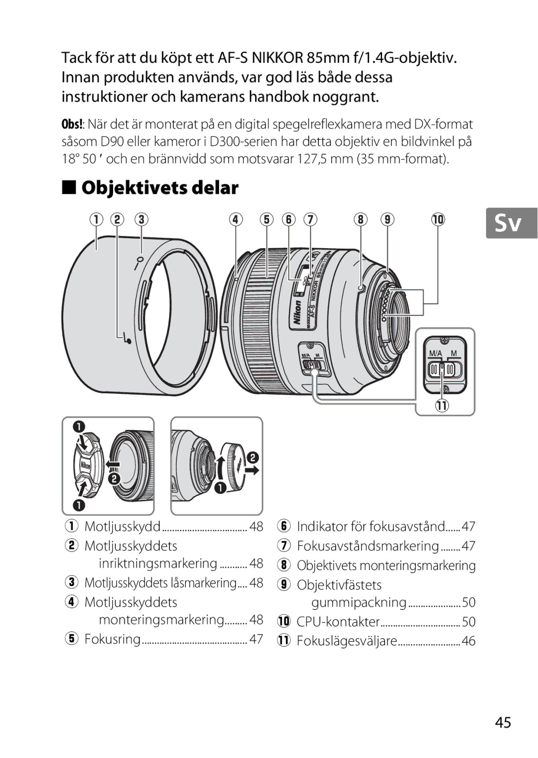 Nikon 2195, 85mmf14G user manual Objektivets delar 