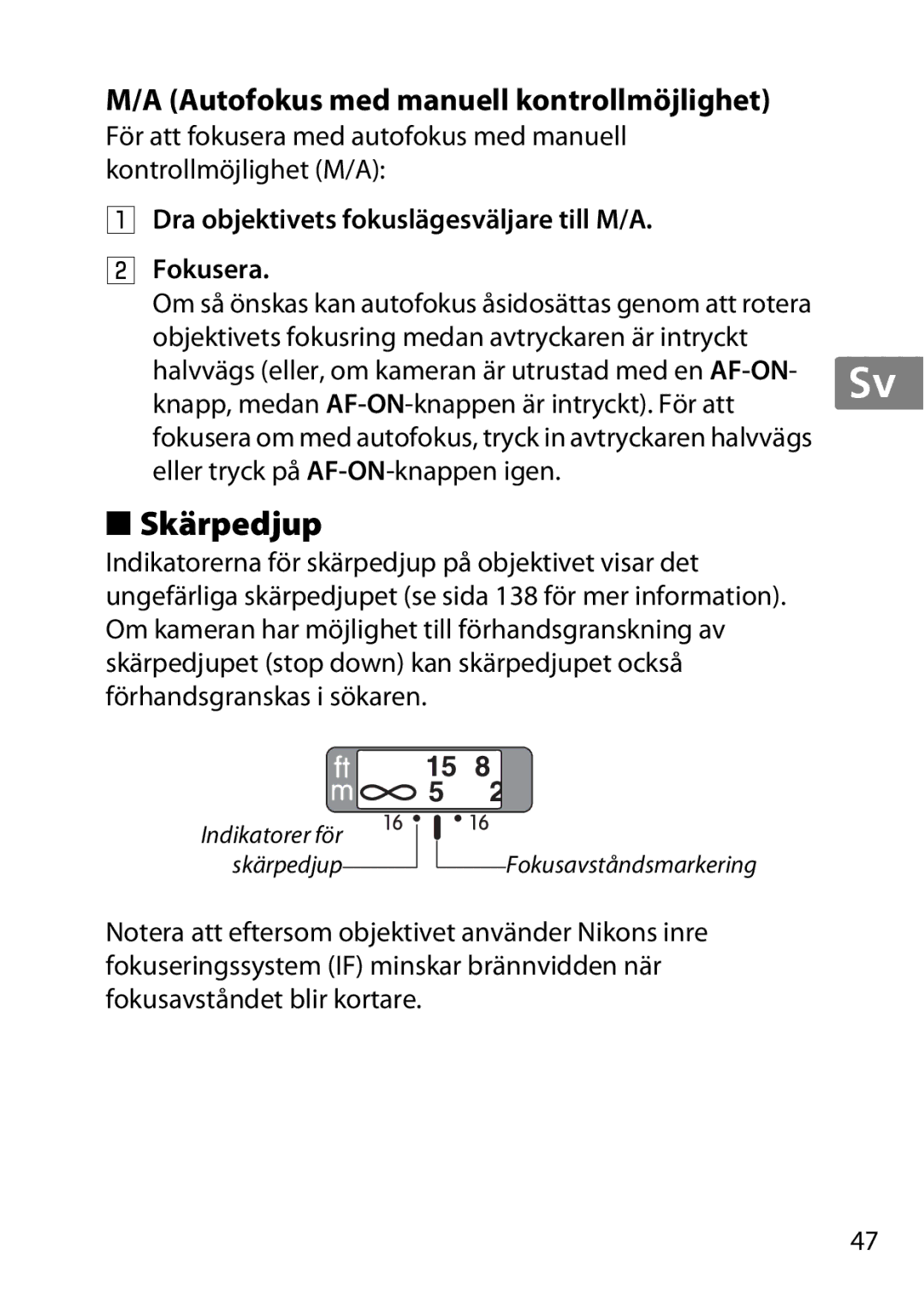 Nikon 2195, 85mmf14G user manual Skärpedjup, Autofokus med manuell kontrollmöjlighet 