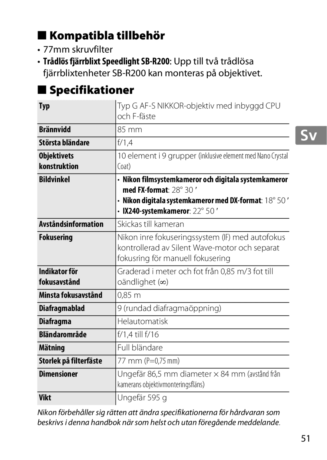 Nikon 2195, 85mmf14G user manual Kompatibla tillbehör, Specifikationer, 77mm skruvfilter 