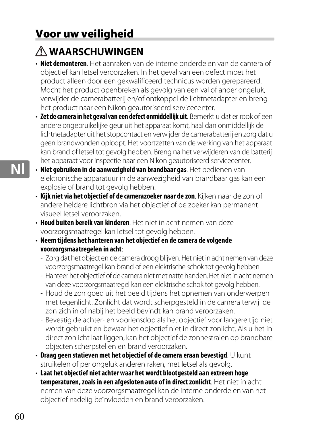 Nikon 85mmf14G, 2195 user manual Voor uw veiligheid, Waarschuwingen 