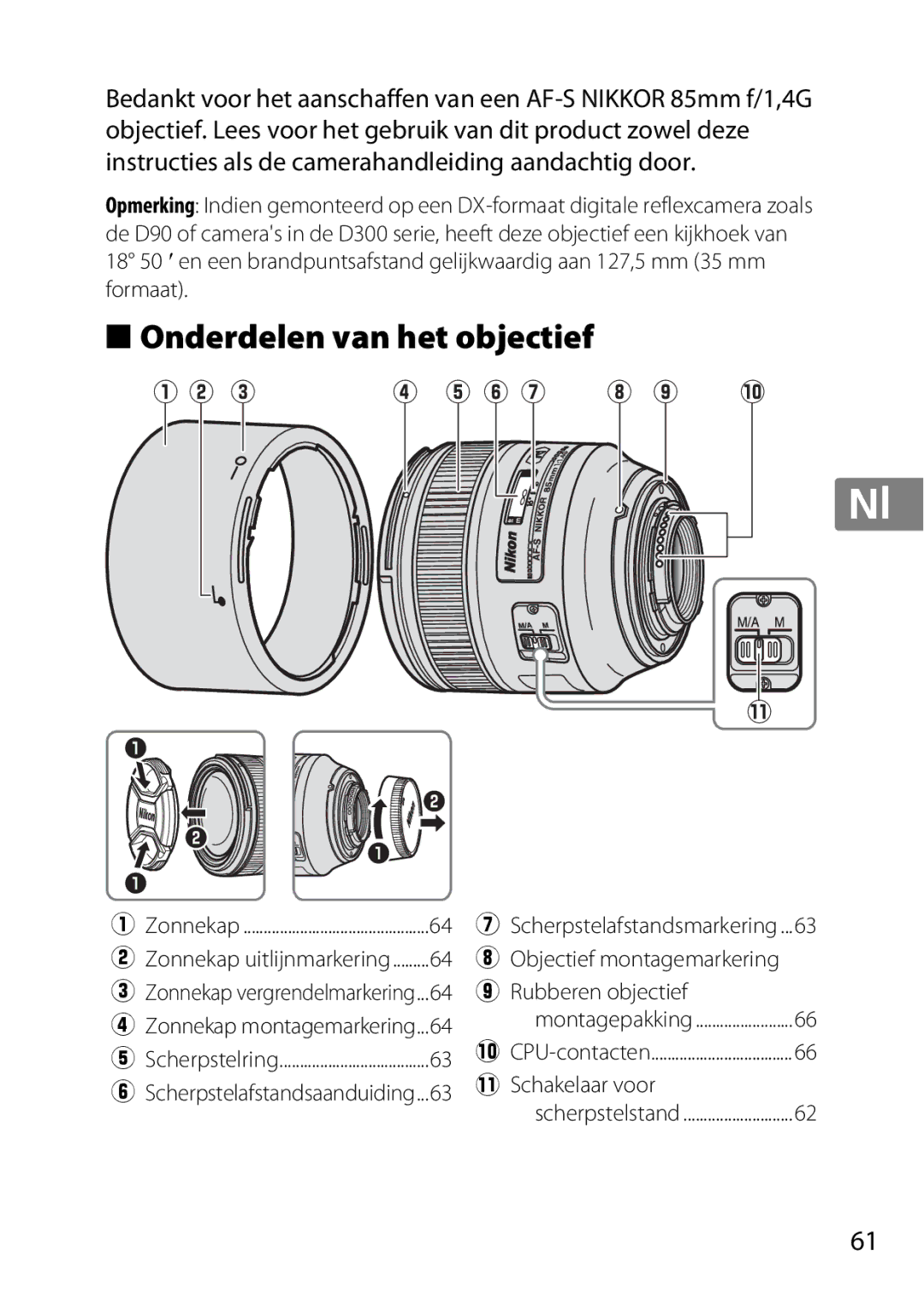 Nikon 2195 Onderdelen van het objectief, Scherpstelafstandsmarkering Objectief montagemarkering, Zonnekap montagemarkering 