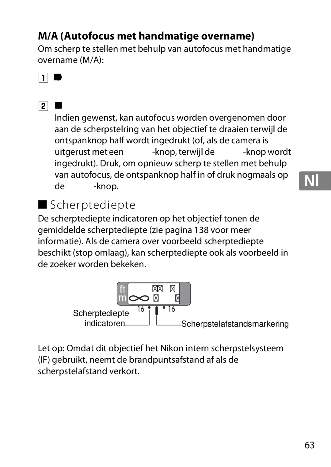 Nikon 2195, 85mmf14G user manual Scherptediepte, Autofocus met handmatige overname 