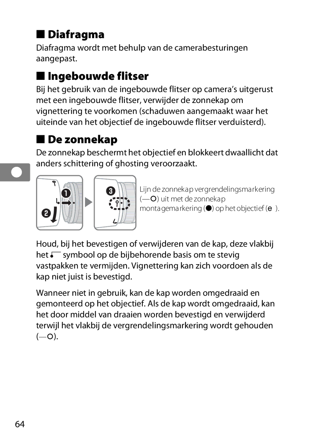 Nikon 85mmf14G, 2195 user manual Ingebouwde flitser, De zonnekap 