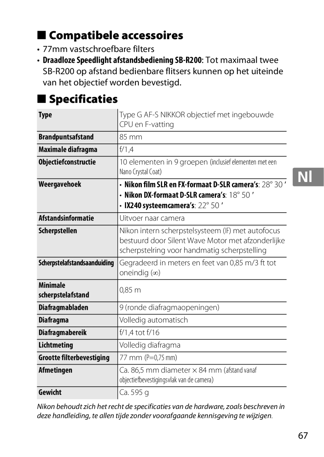 Nikon 2195, 85mmf14G Compatibele accessoires, Specificaties, 77mm vastschroefbare filters, IX240 systeemcamera’s 22 50 ′ 