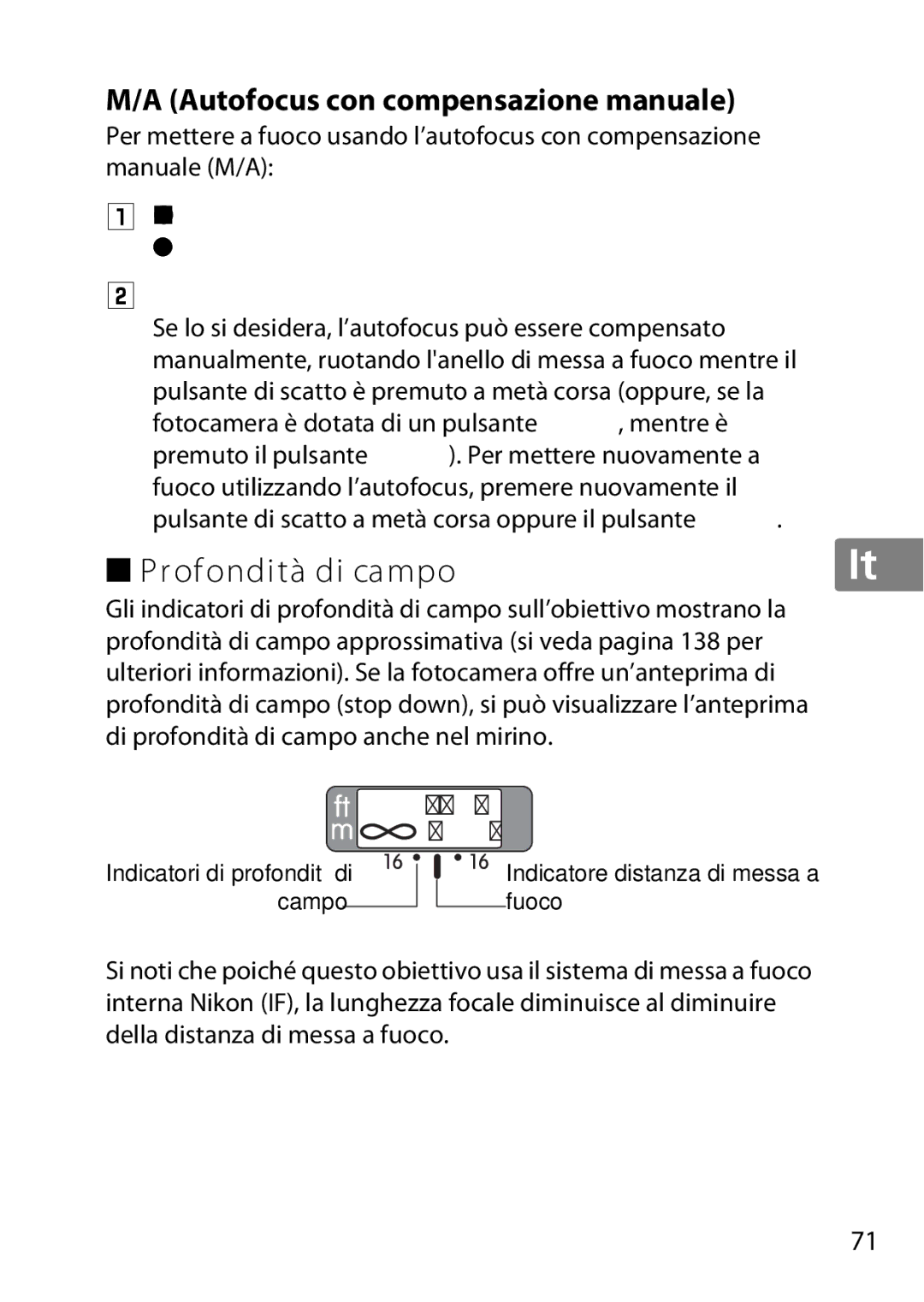 Nikon 2195, 85mmf14G user manual Profondità di campo, Autofocus con compensazione manuale 