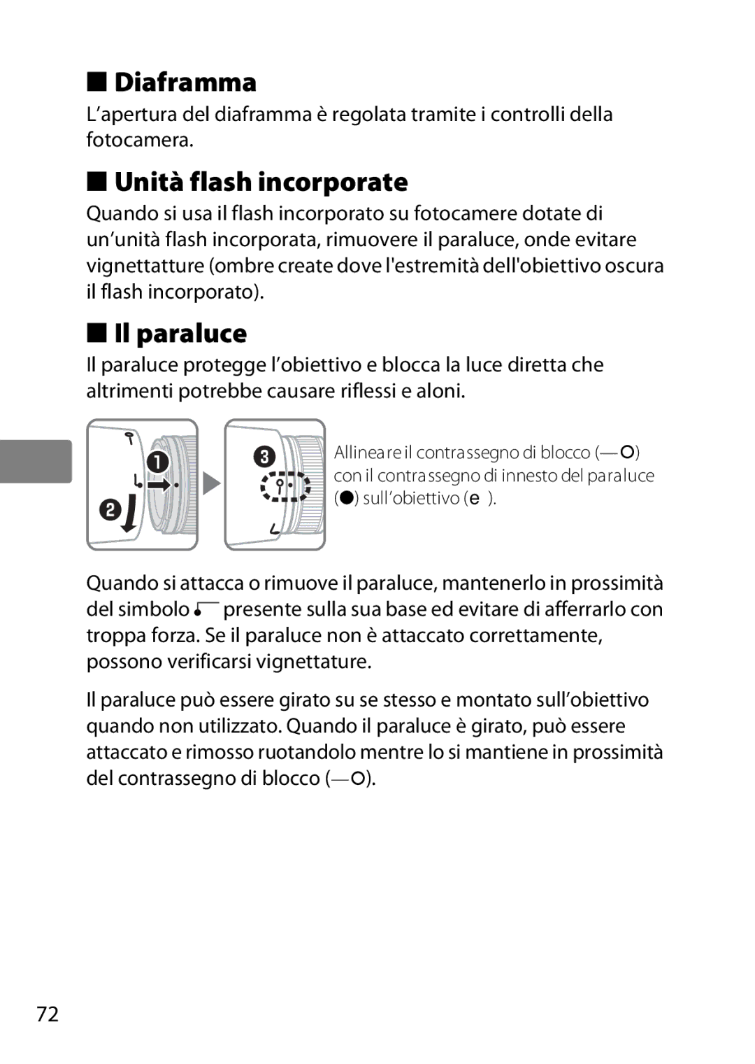 Nikon 85mmf14G, 2195 user manual Diaframma, Unità flash incorporate, Il paraluce 