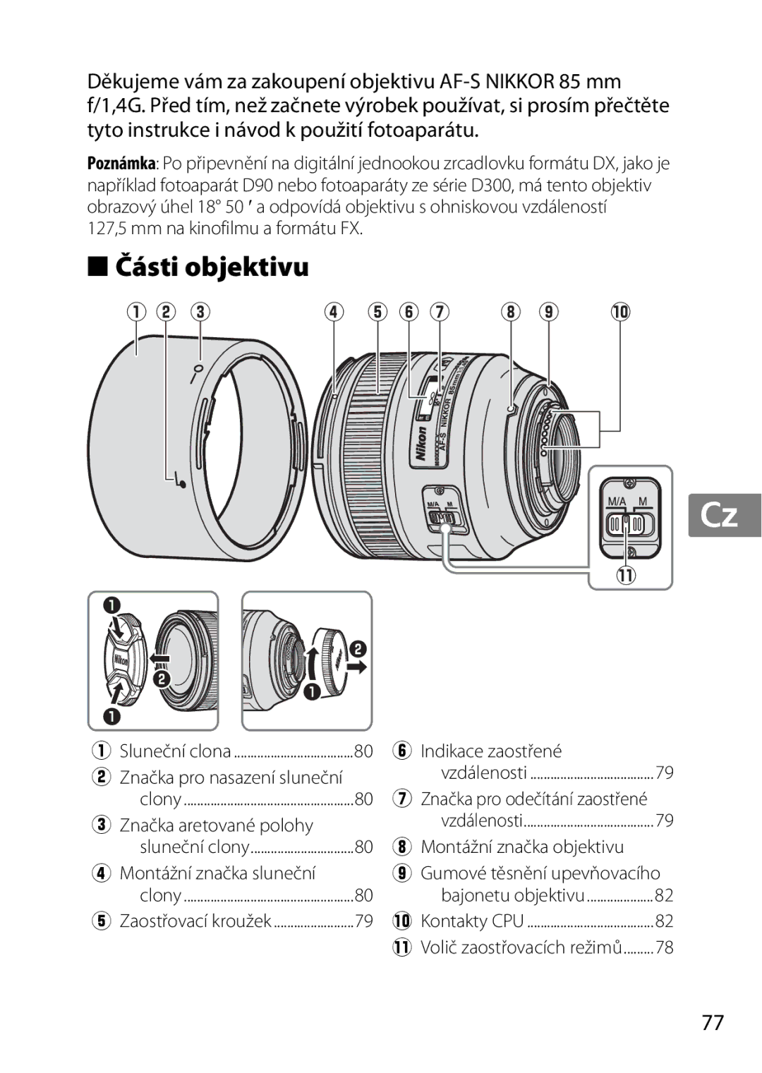 Nikon 2195, 85mmf14G Části objektivu, 127,5 mm na kinofilmu a formátu FX, Indikace zaostřené, Značka aretované polohy 