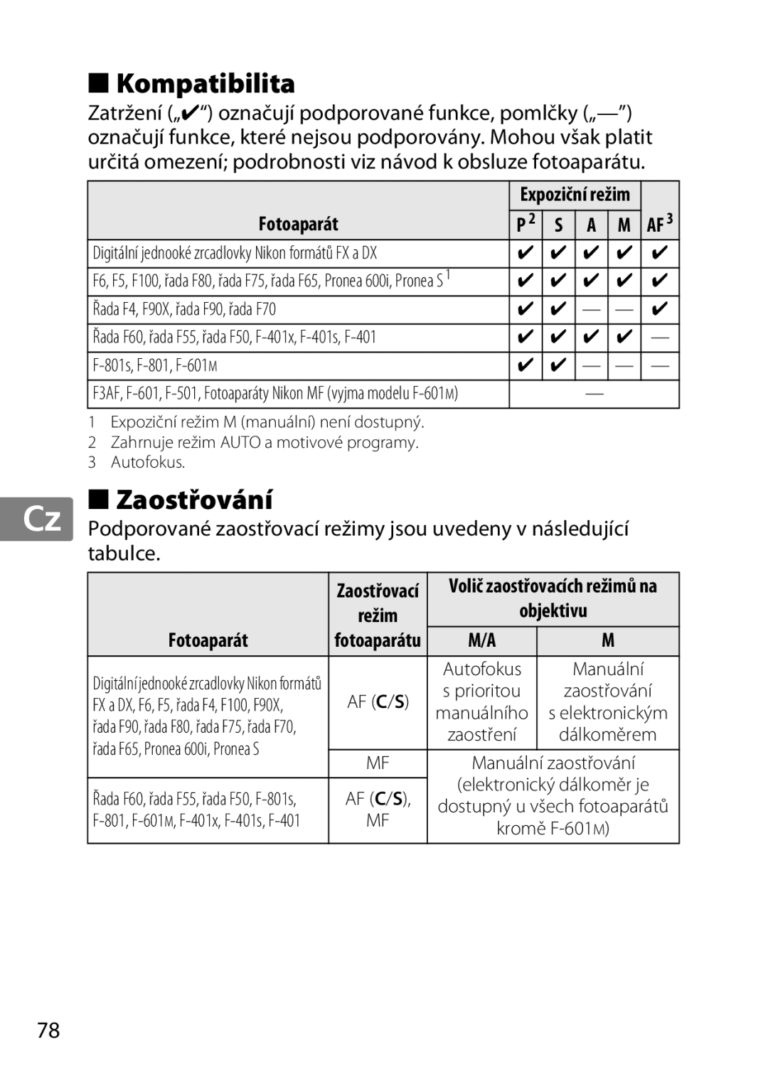 Nikon 85mmf14G, 2195 user manual Kompatibilita, Zaostřování, Fotoaparát, Řada F4, F90X, řada F90, řada F70 