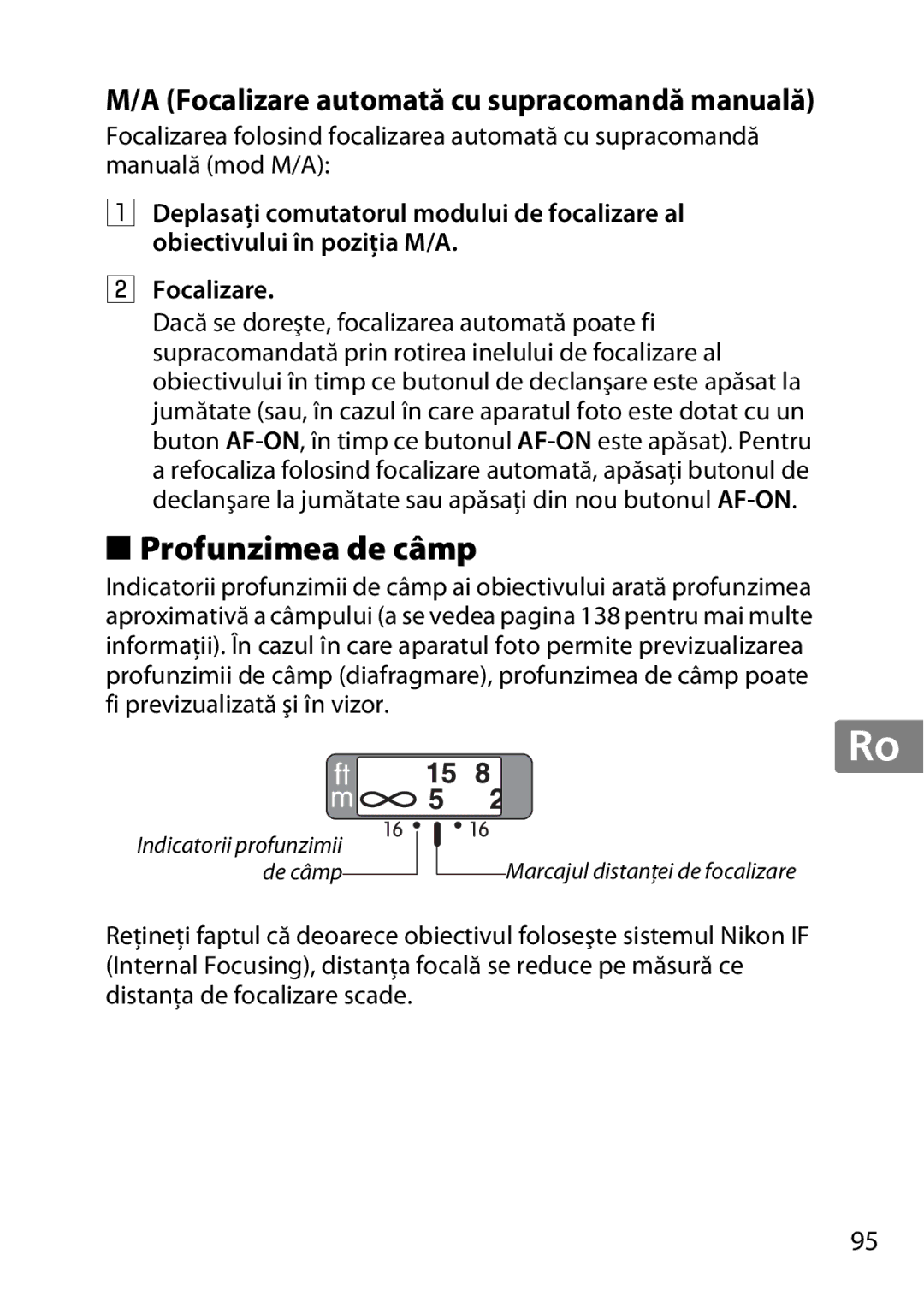 Nikon 2195, 85mmf14G user manual Profunzimea de câmp, Focalizare automată cu supracomandă manuală 