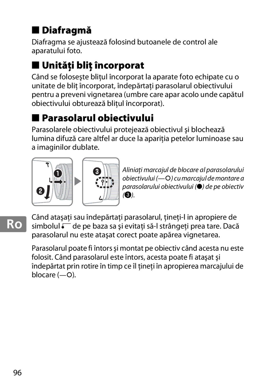 Nikon 85mmf14G, 2195 user manual Diafragmă, Unităţi bliţ încorporat, Parasolarul obiectivului 