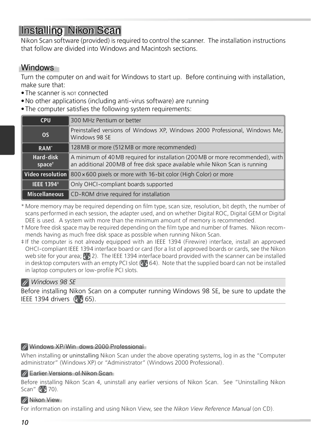 Nikon 9000ED user manual Installing Nikon Scan, Windows 98 SE 