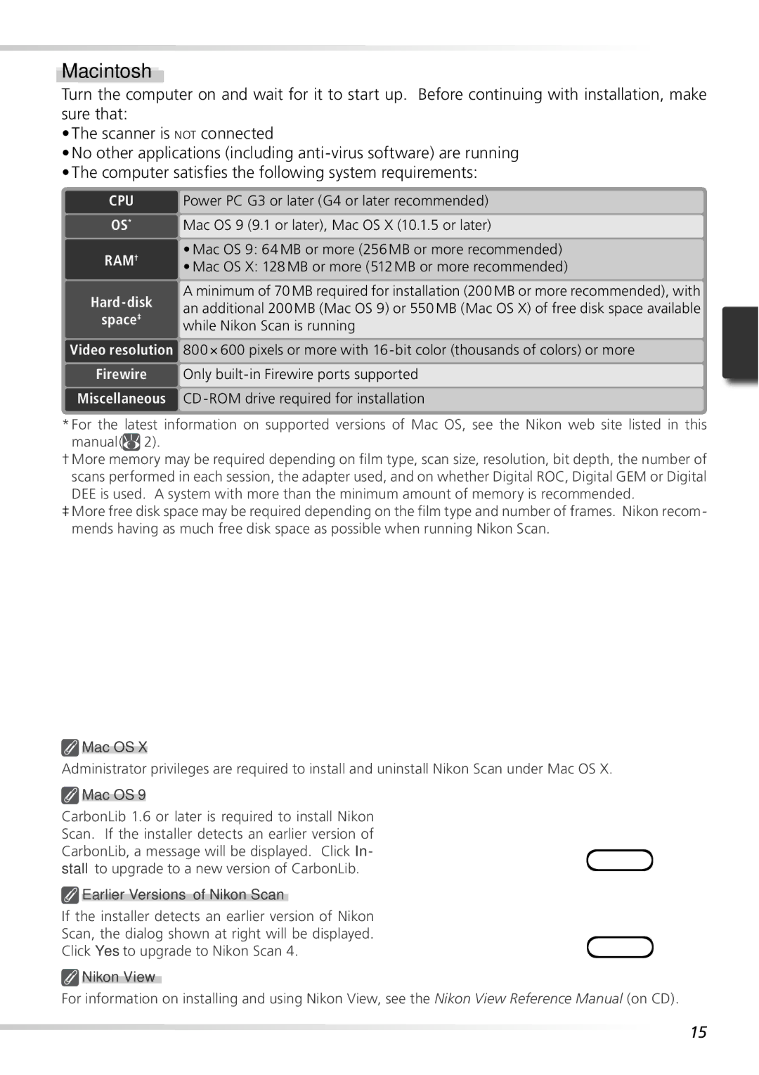 Nikon 9000ED user manual Macintosh, Hard-disk Space‡, Firewire, Mac OS 