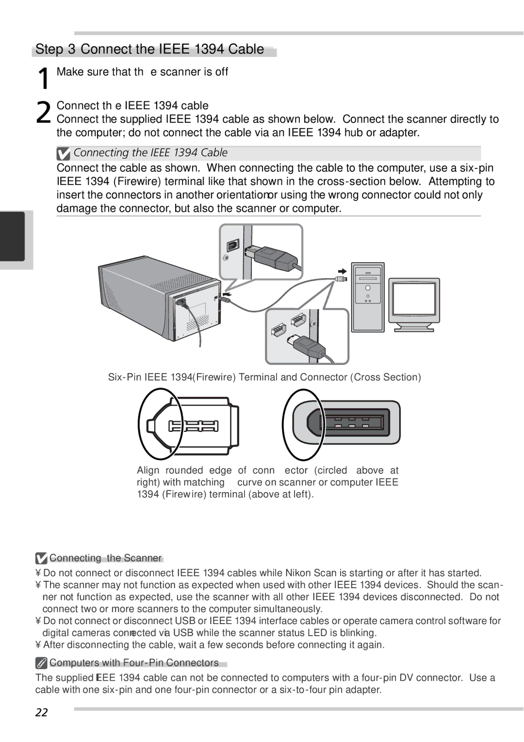 Nikon 9000ED user manual Connecting the Ieee 1394 Cable, Connecting the Scanner, Computers with Four-Pin Connectors 