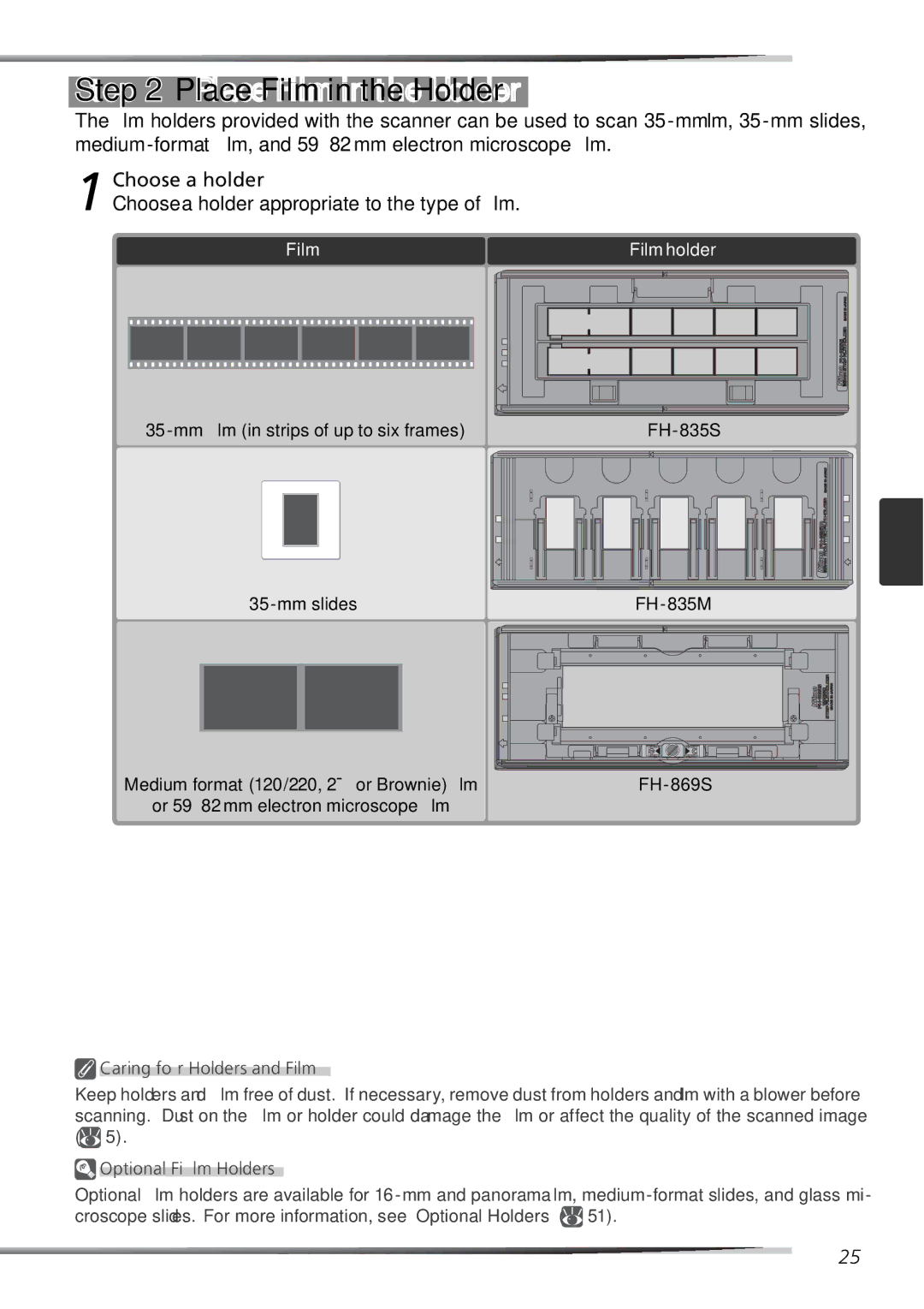 Nikon 9000ED user manual Place Film in the Holder, Caring for Holders and Film, Optional Film Holders 