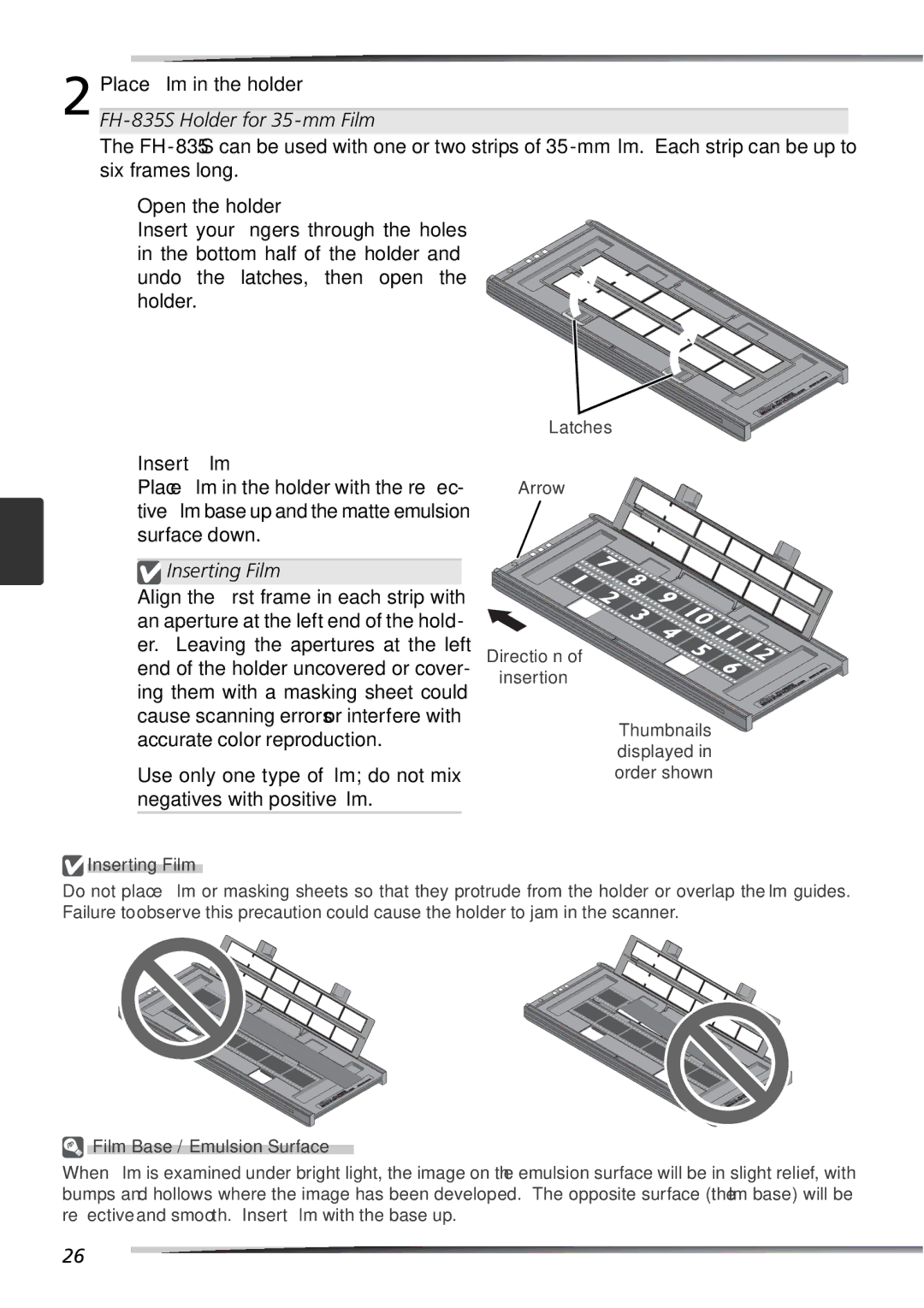 Nikon 9000ED user manual Place ﬁlm in the holder, FH-835S Holder for 35-mm Film, Inserting Film, Film Base/Emulsion Surface 