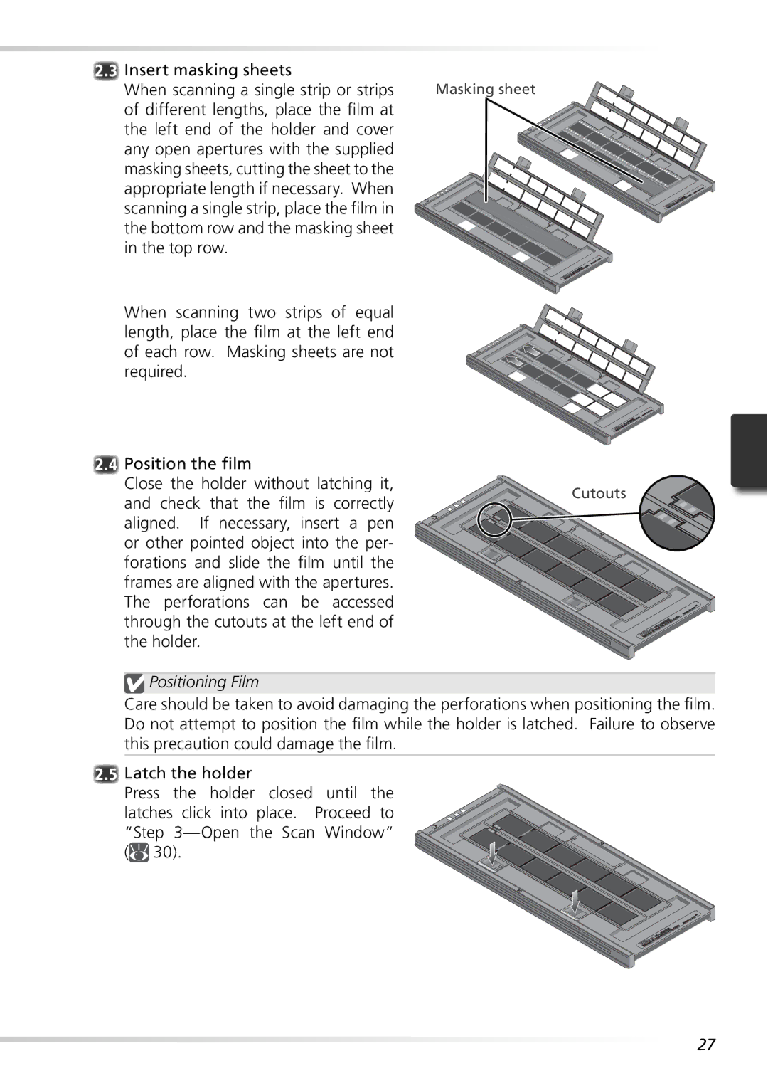 Nikon 9000ED user manual Insert masking sheets When scanning a single strip or strips, Positioning Film 