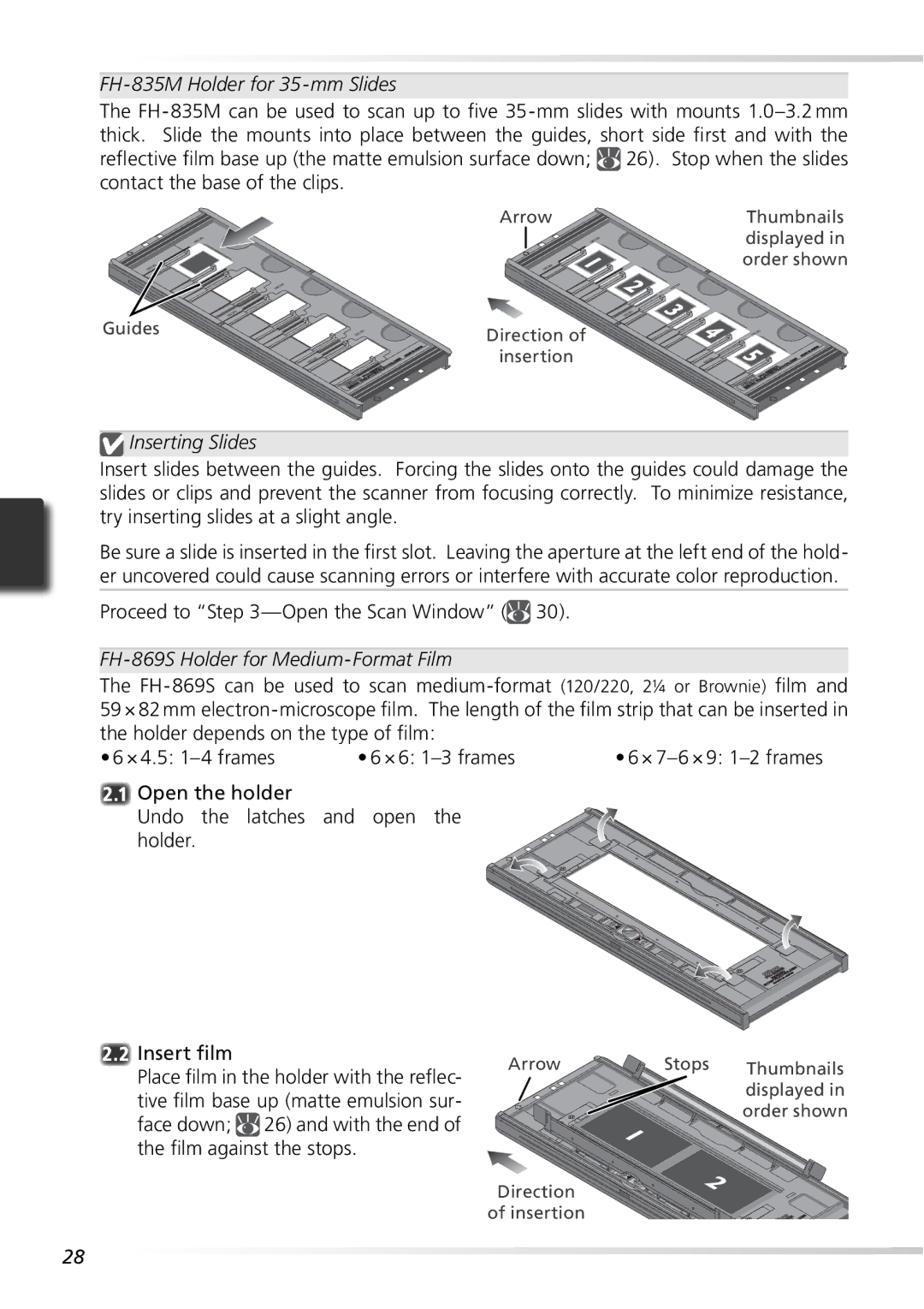 Nikon 9000ED user manual FH-835M Holder for 35-mm Slides, Inserting Slides, Proceed to -Open the Scan Window 