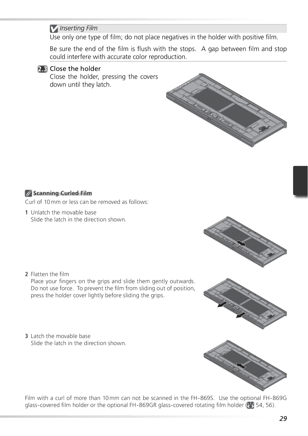 Nikon 9000ED user manual Inserting Film, Scanning Curled Film 