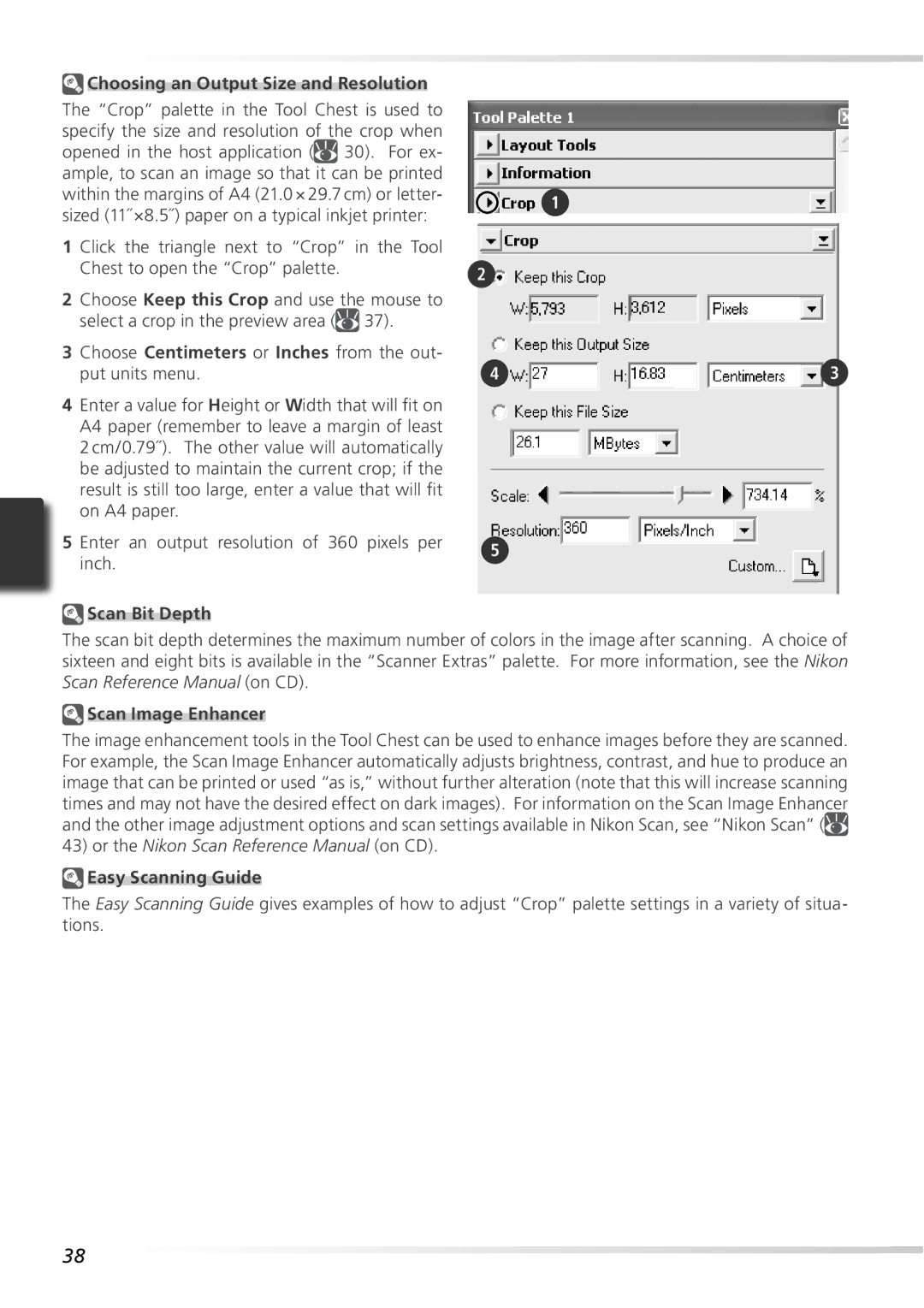 Nikon 9000ED user manual Choosing an Output Size and Resolution, Scan Bit Depth, Scan Image Enhancer, Easy Scanning Guide 