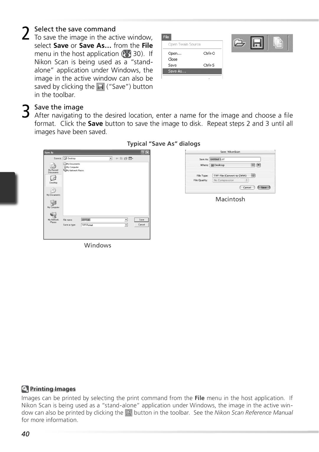 Nikon 9000ED user manual Select the save command, Typical Save As dialogs, Printing Images 