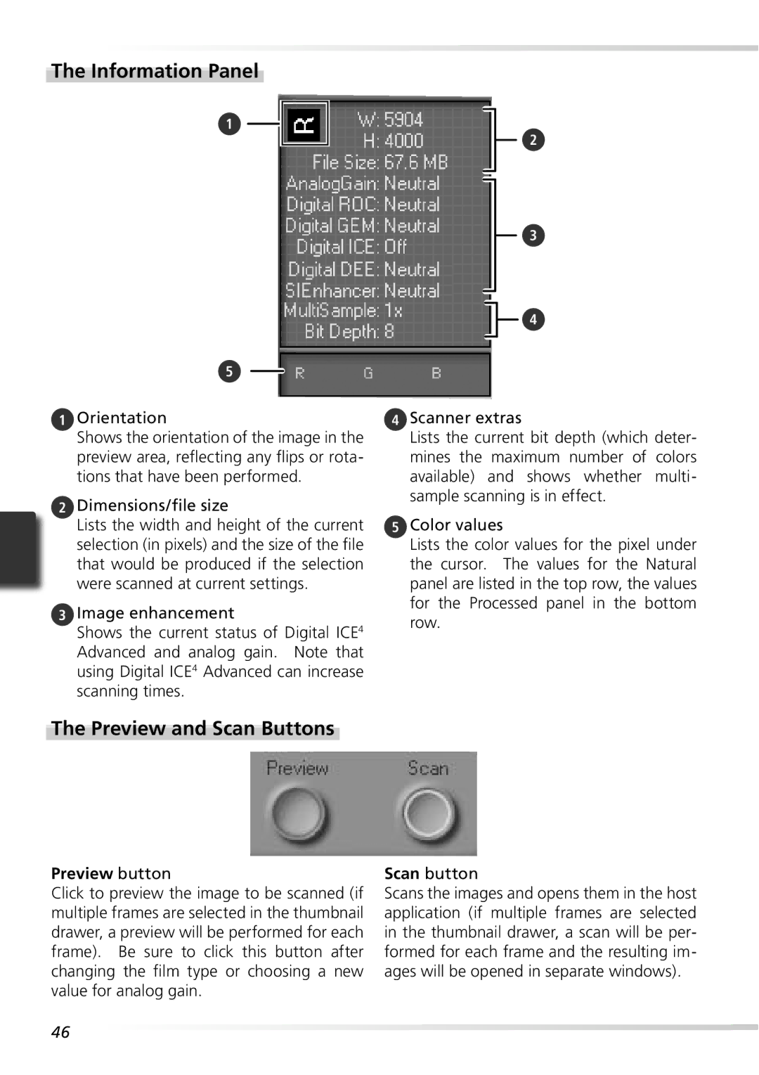 Nikon 9000ED user manual Information Panel, Preview and Scan Buttons, Preview button, Scan button 