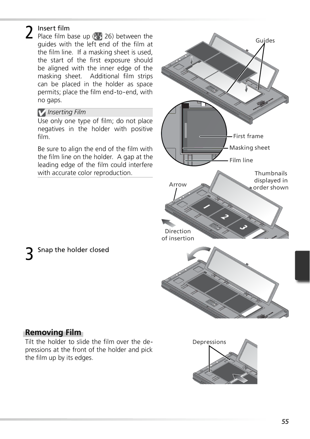 Nikon 9000ED user manual Removing Film, Snap the holder closed, Tilt the holder to slide the ﬁlm over the de 