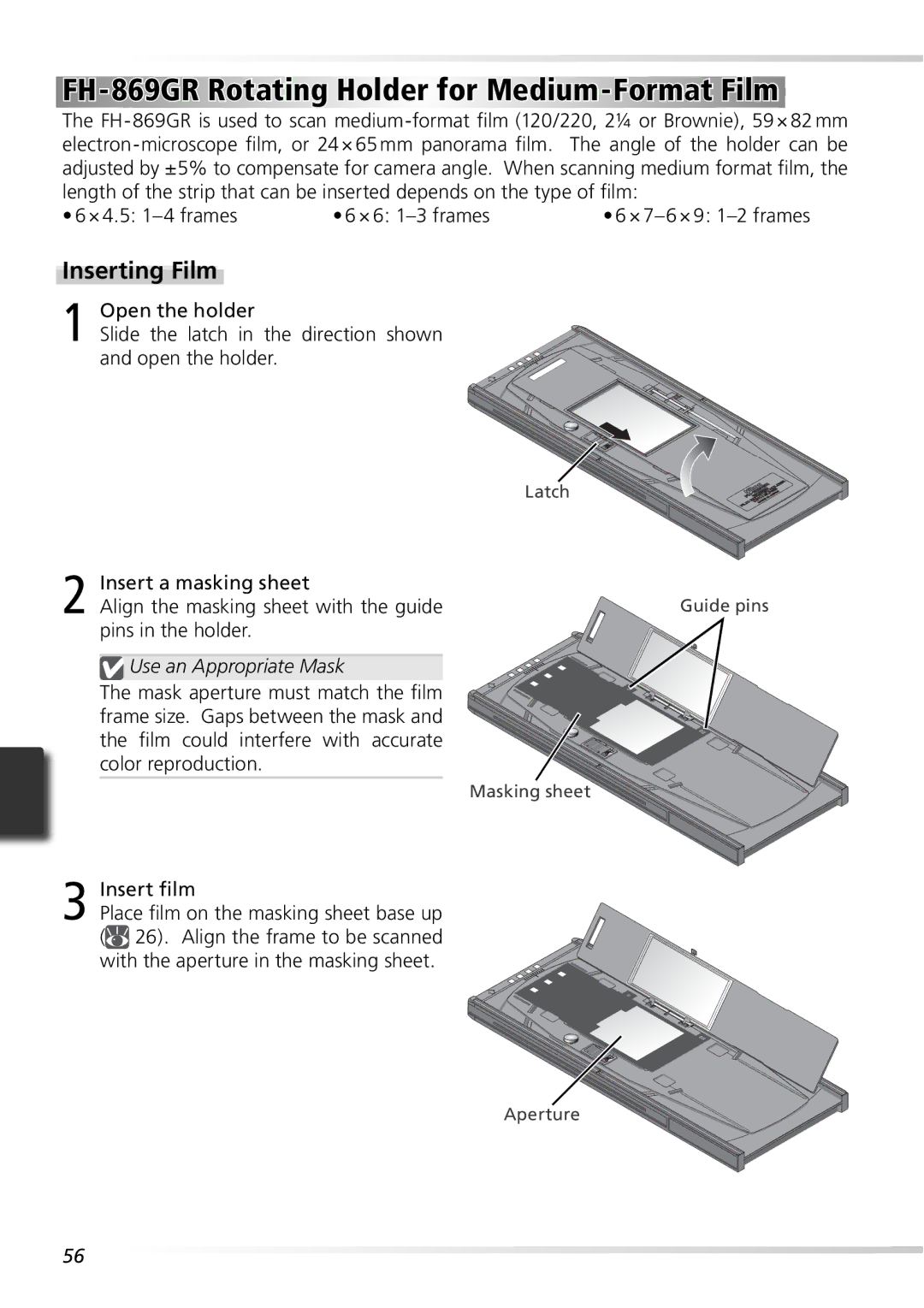 Nikon 9000ED user manual FH-869GR Rotating Holder for Medium-Format Film, Pins in the holder, Use an Appropriate Mask 