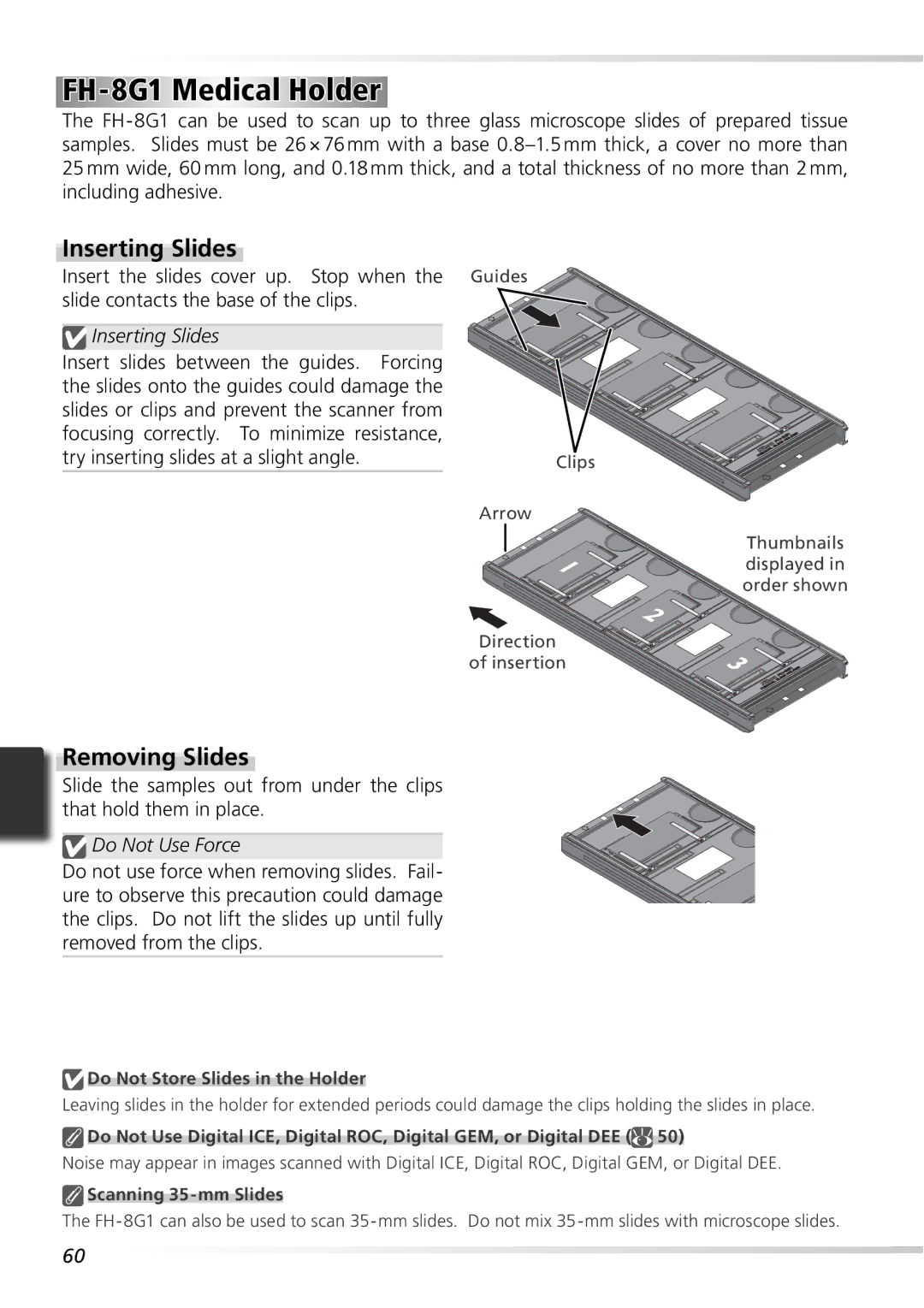 Nikon 9000ED user manual FH-8G1 Medical Holder, Insert the slides cover up. Stop when, Slide contacts the base of the clips 