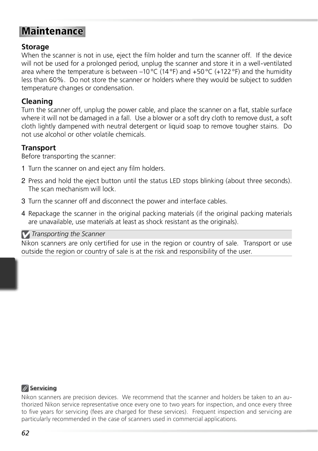 Nikon 9000ED user manual Maintenance, Transporting the Scanner, Servicing 