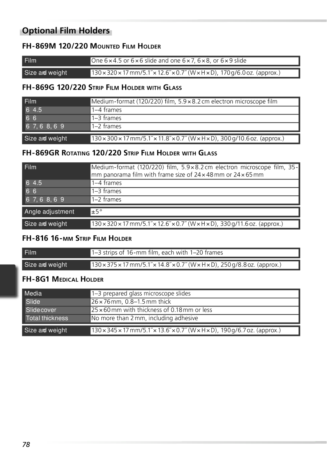 Nikon 9000ED user manual Optional Film Holders, Angle adjustment Size and weight, Slide cover, Total thickness 