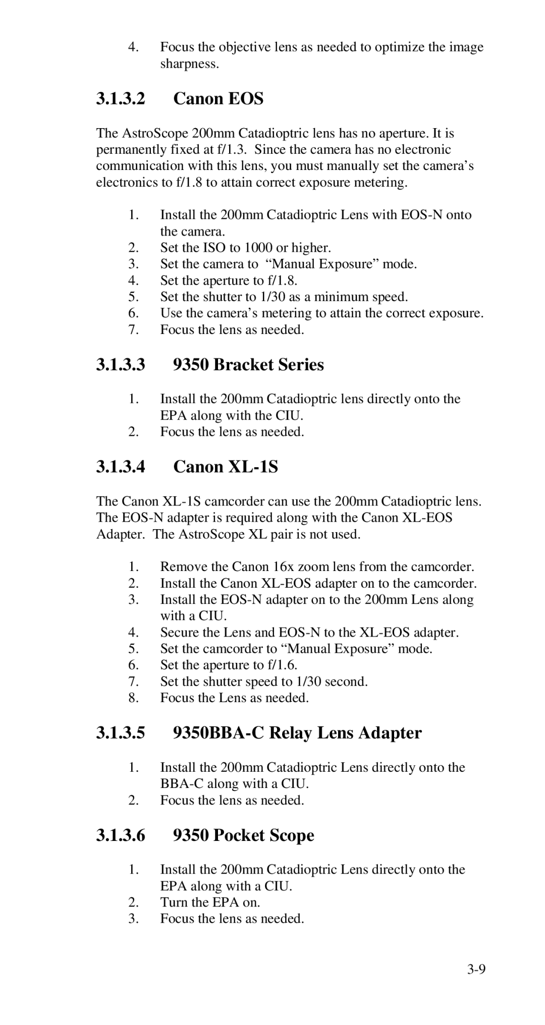 Nikon manual Canon EOS, 3.3 9350 Bracket Series, Canon XL-1S, 3.5 9350BBA-C Relay Lens Adapter, 3.6 9350 Pocket Scope 