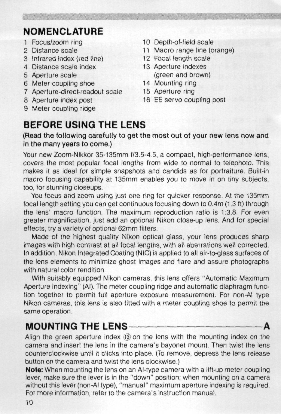 Nikon 98504 instruction manual Nomenclature, Before Using the Lens, Mounting the Lens 